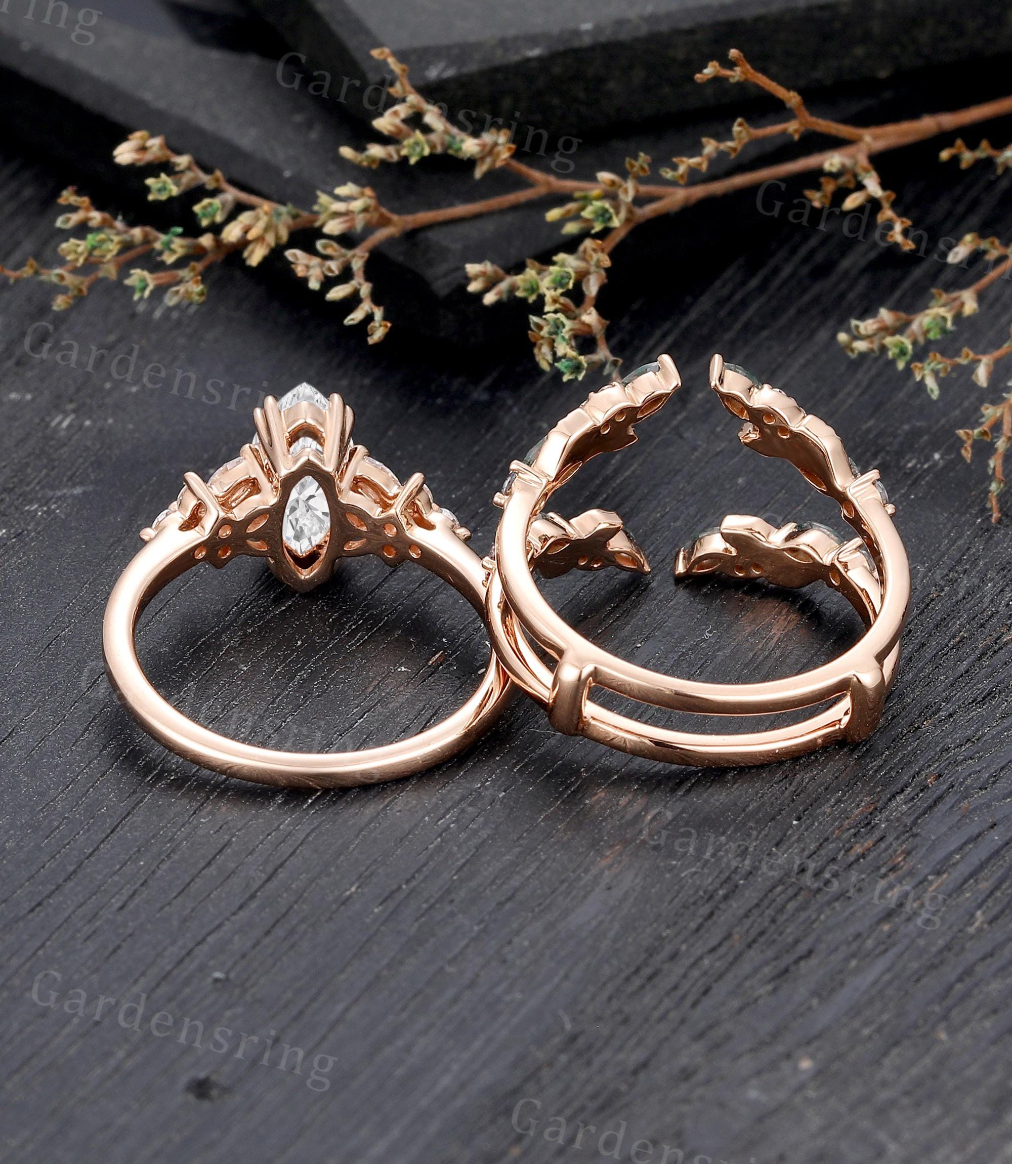 Marquise Cut Lab Diamond Engagement Ring Set Vintage 14k Rose Gold ...