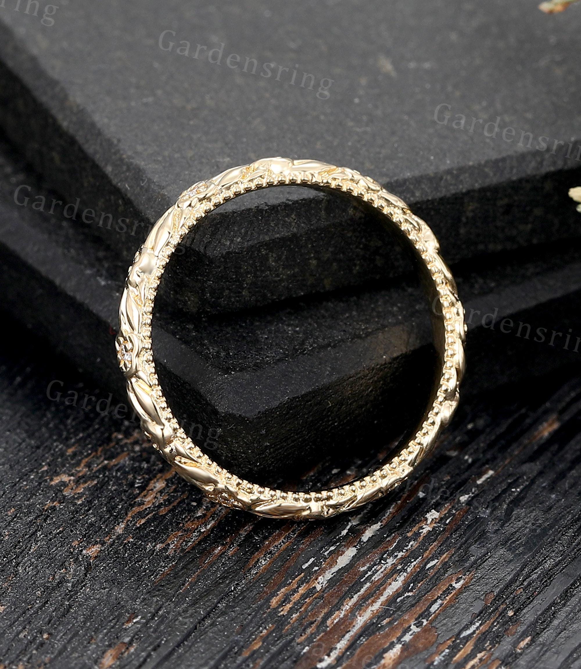 Vintage Filigree Solid 14k Gold Floral Wedding Band Unique Diamond ...