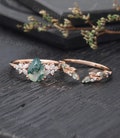 Pear shaped Moss Agate Engagement ring set Vintage marquise cut moissanite wedding band Rose gold Cluster Unique Bridal set Anniversary gift