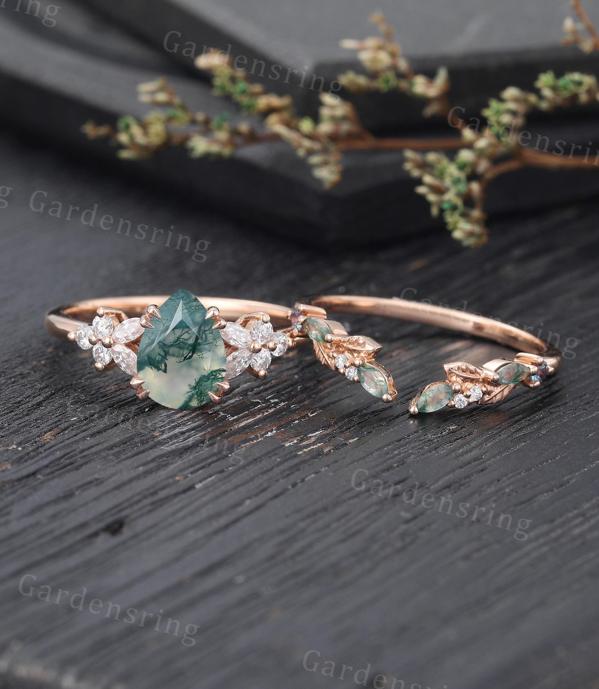Pear shaped Moss Agate Engagement ring set Vintage marquise cut moissanite wedding band Rose gold Cluster Unique Bridal set Anniversary gift