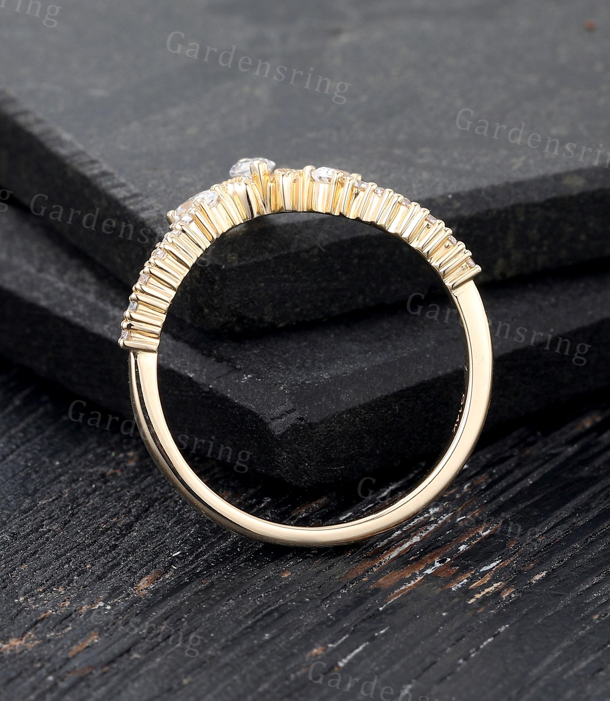 Marquise Cut Moissanite Wedding Band Unique Solid 14k Gold Curved ...
