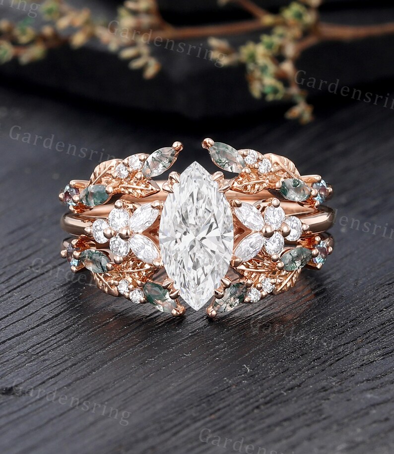 Marquise Cut Lab Diamond Engagement Ring Set Vintage 14k Rose Gold ...