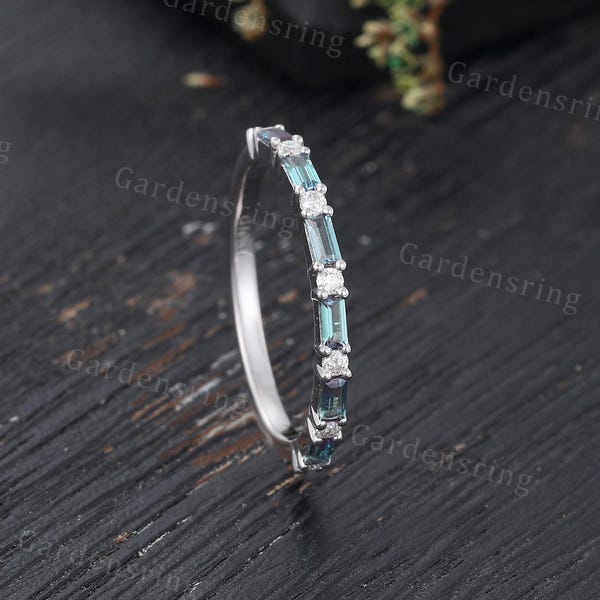 Half Eternity Baguette Alexandrite wedding band Dainty white gold Bridal Pave wedding band stacking Anniversary gift moissanite wedding ring