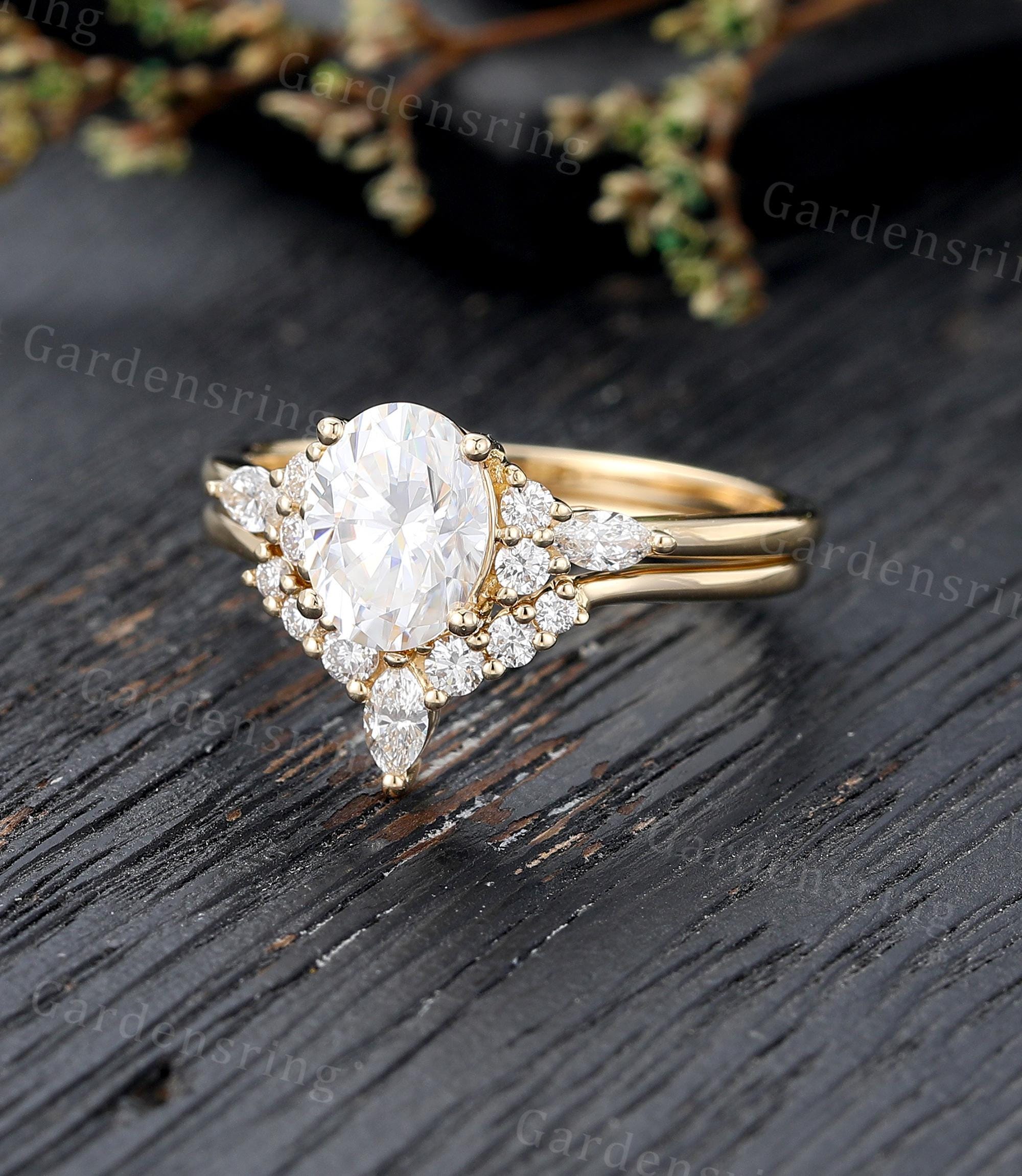 Oval Cut Moissanite Engagement Ring Set Vintage Solid 14k Gold Cluster ...