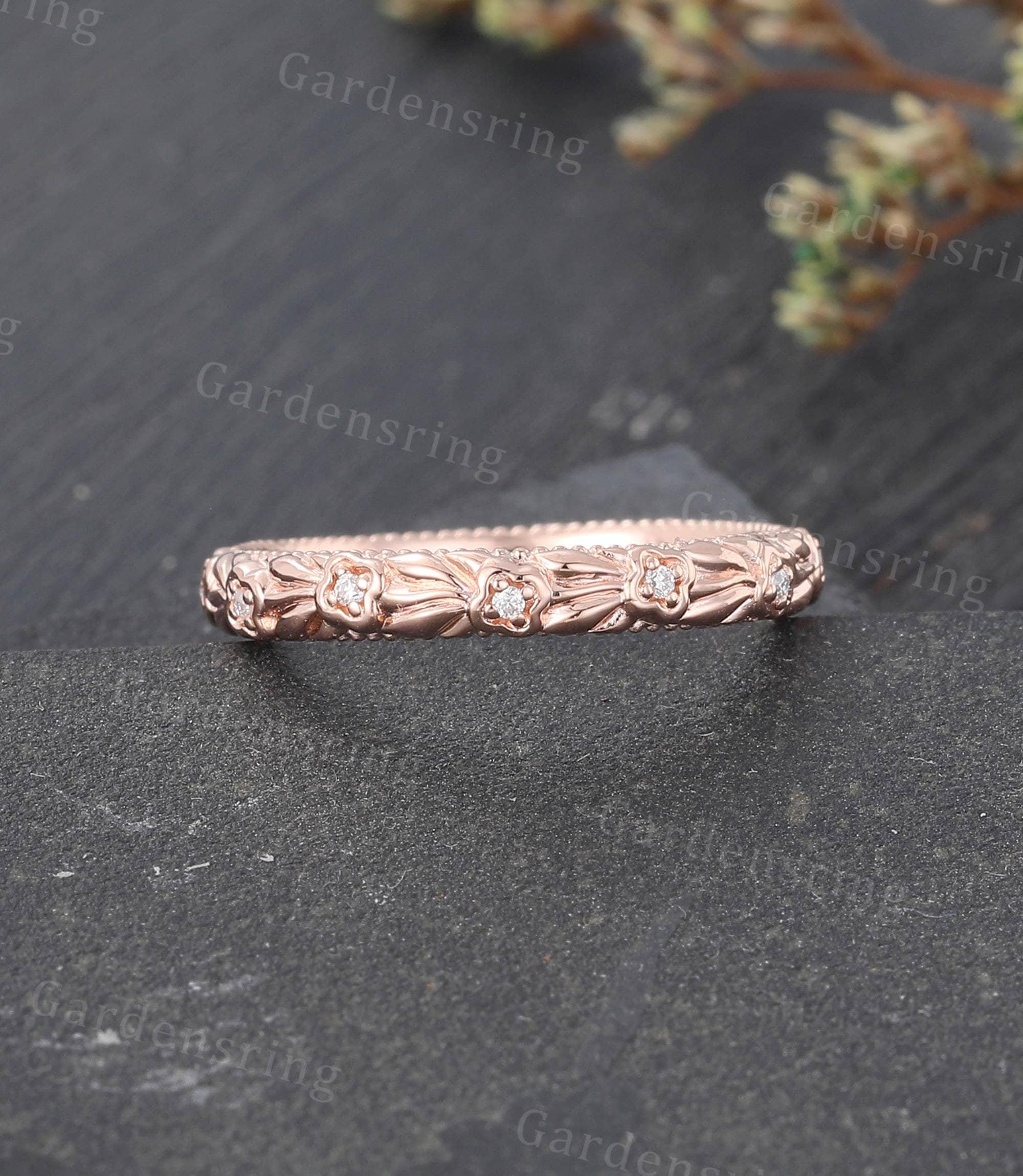 Vintage Filigree 14k Rose Gold Floral Wedding Band Unique Diamond ...