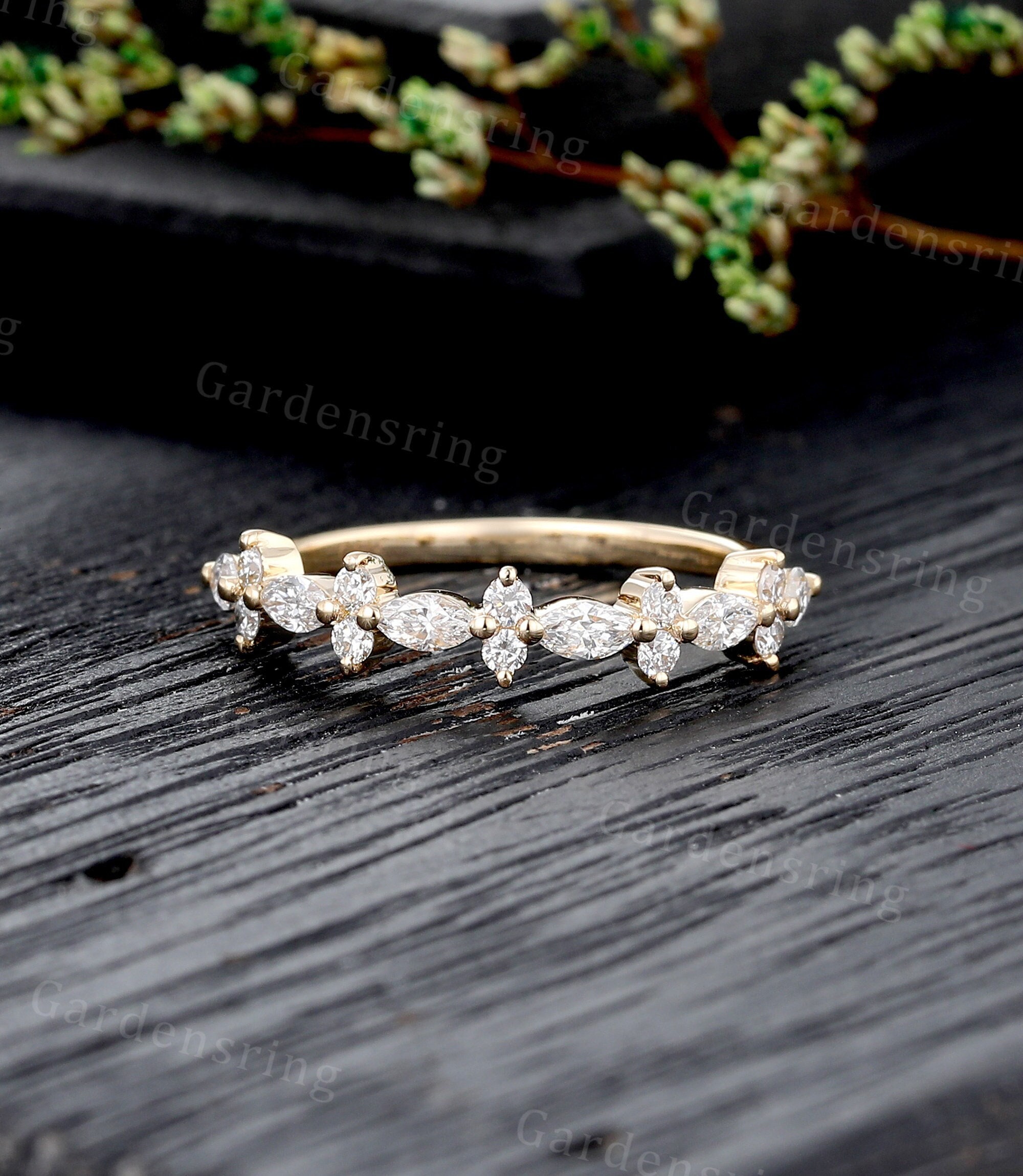 Marquise Cut Moissanite Wedding Band Yellow Gold Stacking Matching Half ...
