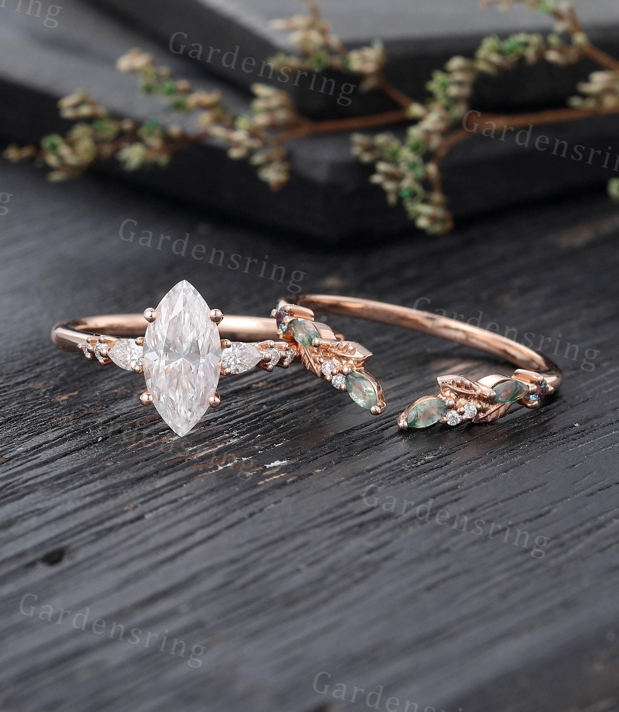 Marquise cut Moissanite Engagement ring Set Vintage Rose gold Diamond Unique moss agate wedding band Bridal set promise Anniversary ring
