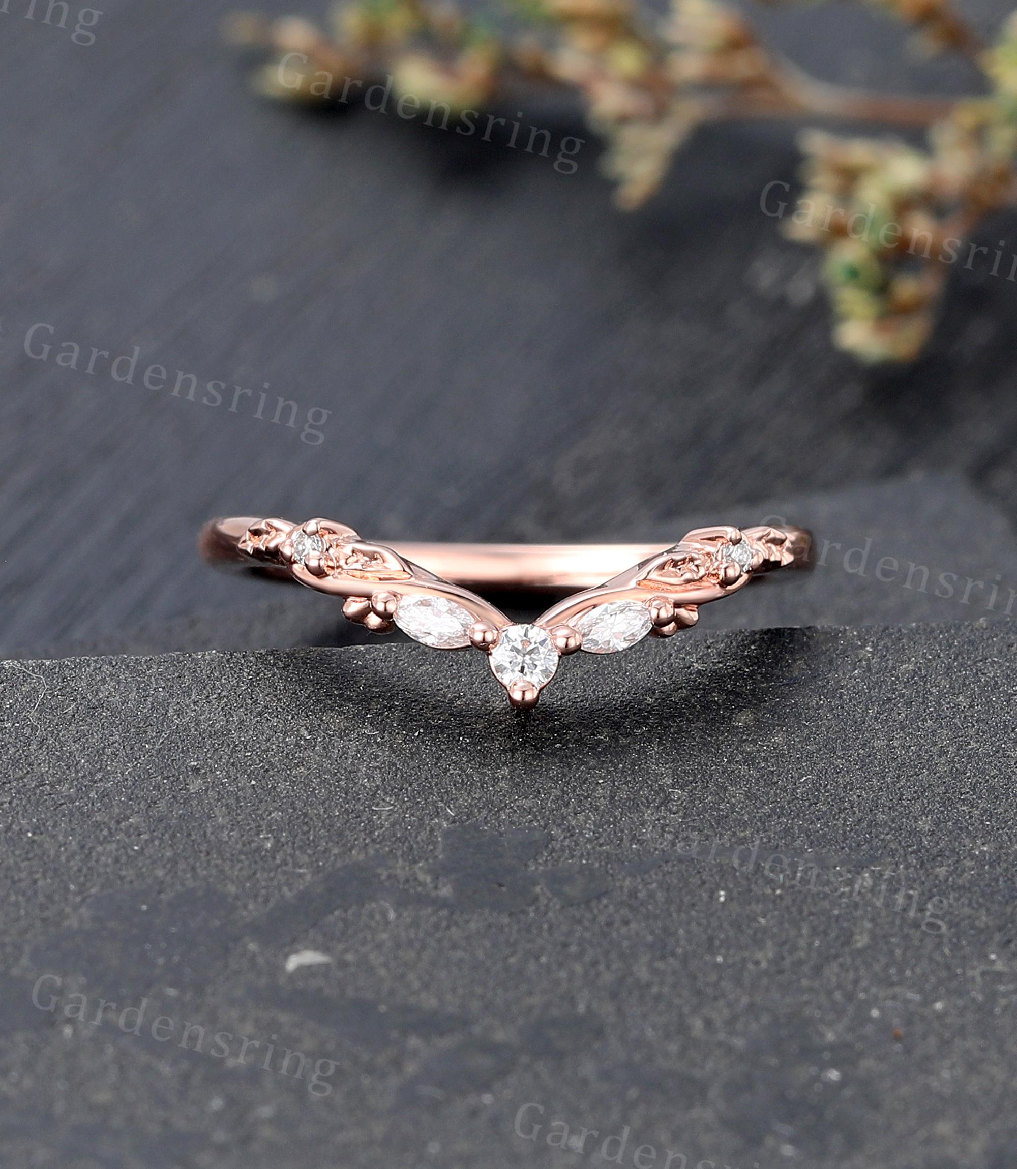 Marquise Cut Moissanite Curved Wedding Band Unique Rose Gold Diamond ...