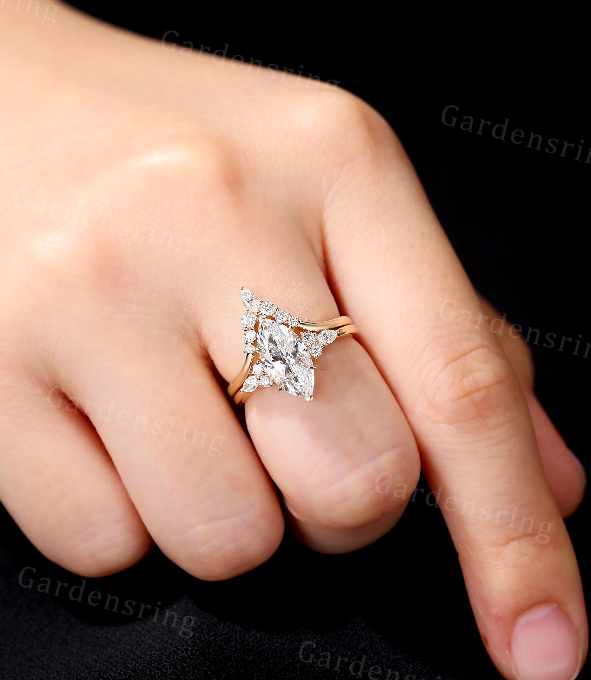 Marquise Cut Lab Grown Diamond Engagement Ring Set Vintage Solid Gold ...
