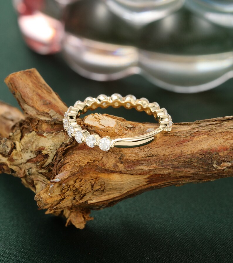 Moissanite Wedding Band Solid 14K Yellow Gold Half Eternity Etsy