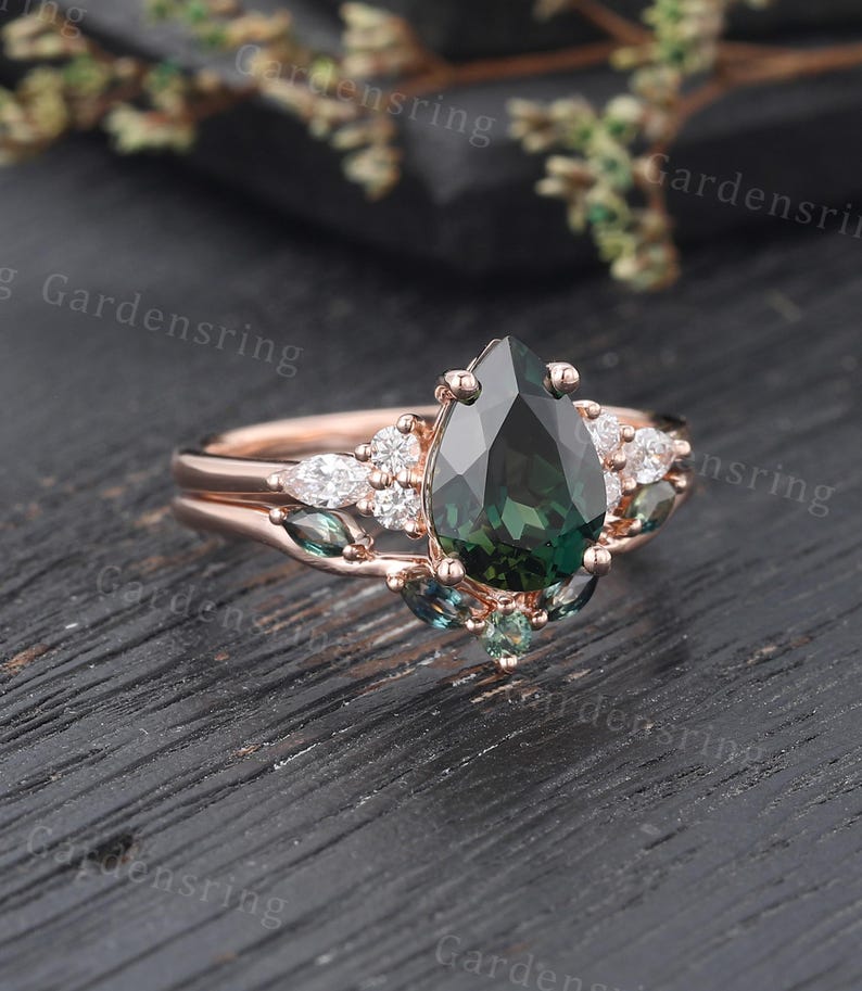 Pear shaped Blue Green sapphire Engagement ring set Vintage rose gold Marquise Moissanite Diamond ring cluster Bridal set Anniversary ring
925 sterling silver (Rose gold/Gold plated) and Solid 14 K/18 K gold(Rose gold/White gold) are available.