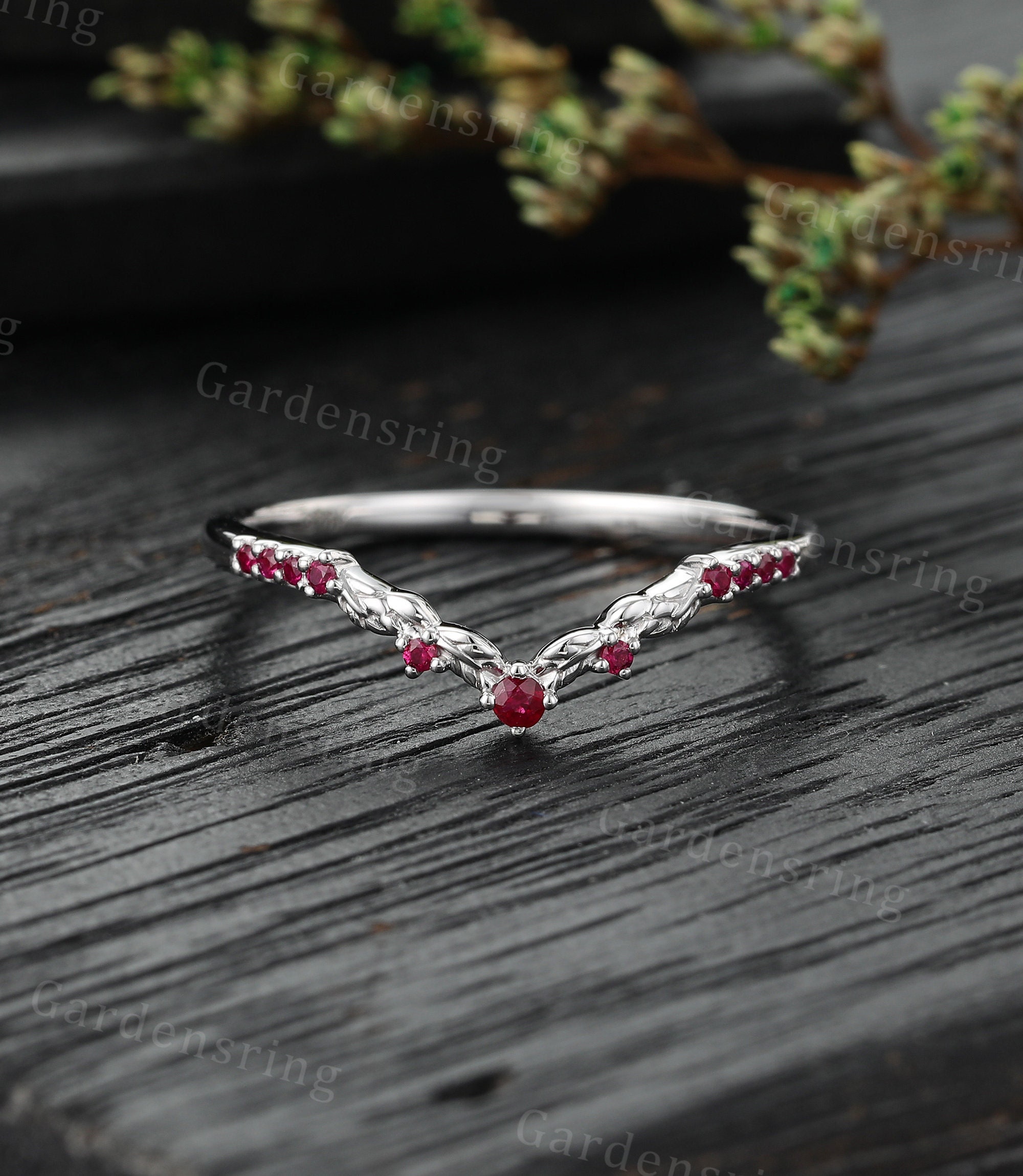 Vintage Ruby Floral curved wedding band Unique Solid White gold Filigree wedding band Dainty Promise Marriage Anniversary Leaf ring.