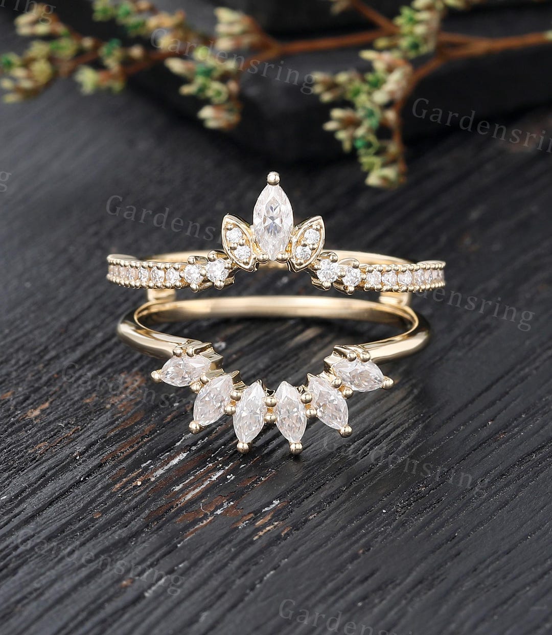 Marquise Cut Moissanite Wedding Band Vintage 14k Gold Enhancer Ring ...