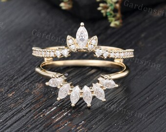 Anello nuziale in moissanite taglio marquise, anello vintage in oro 14k, anello di rinforzo con doppia fascia in diamanti, anello nuziale coordinato per anniversario in stile art déco