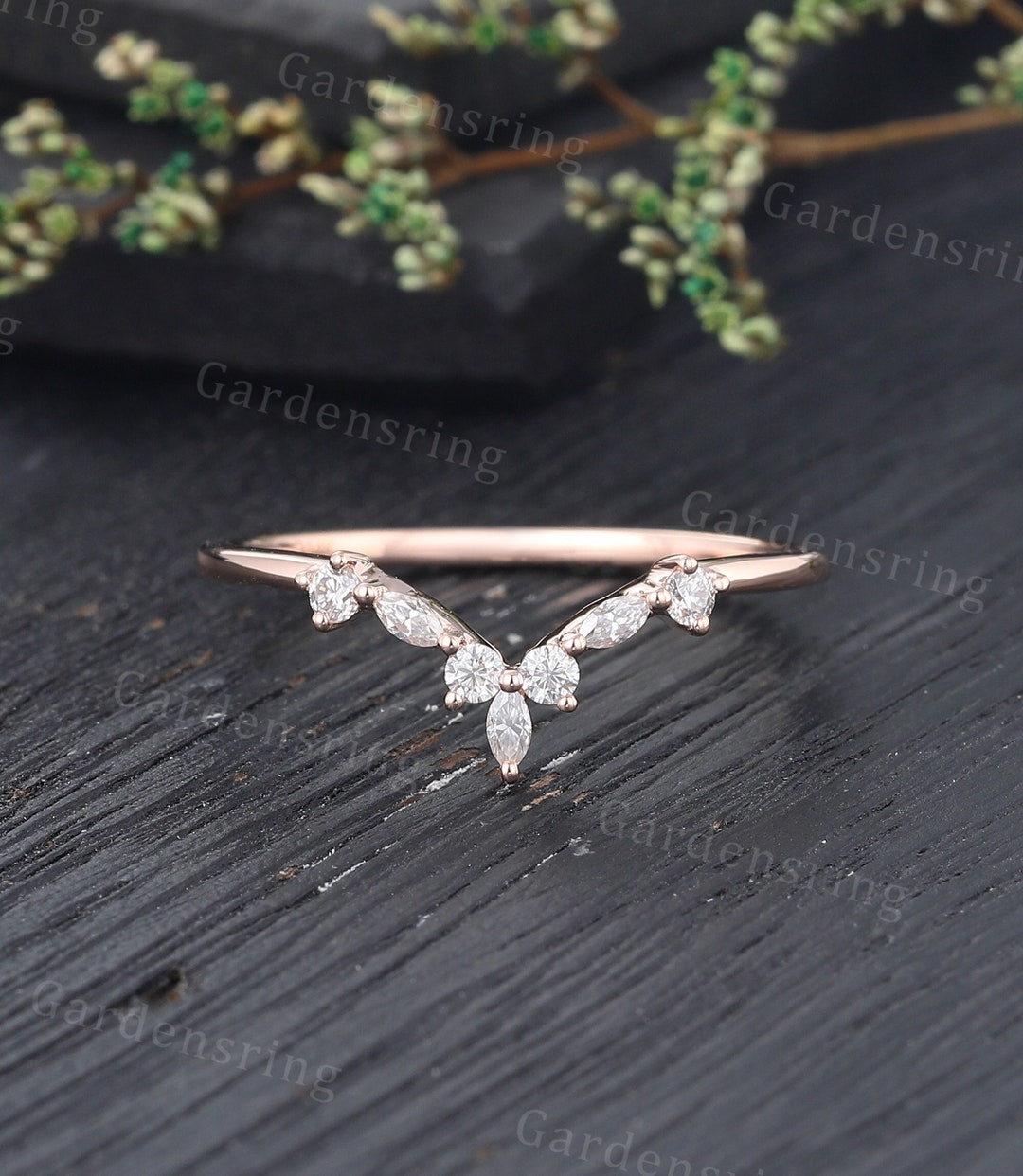 Marquise Moissanite Curved Wedding Band Vintage Rose Gold Diamond Band ...