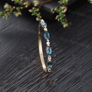 Half Eternity Marquise cut London Blue Topaz wedding band Moissanite Yellow gold Stacking Matching Promise Marriage Anniversary wedding ring