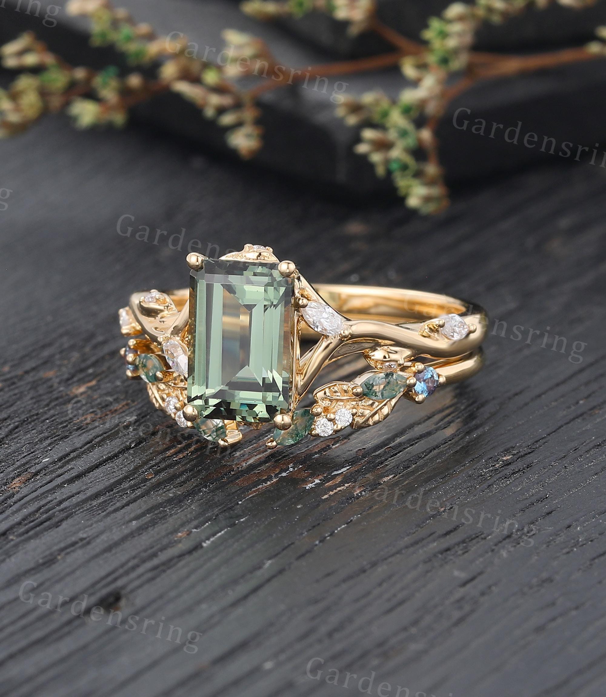 Emerald Cut Green Sapphire Engagement Ring Set 14k Gold Emerald Cut Green Sapphire Engagement Ring Set 14k Gold