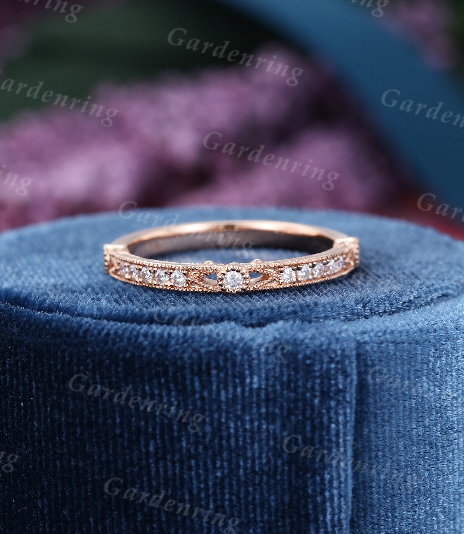 Rose Gold Wedding Band Women Unique Moissanite Wedding Band Etsy