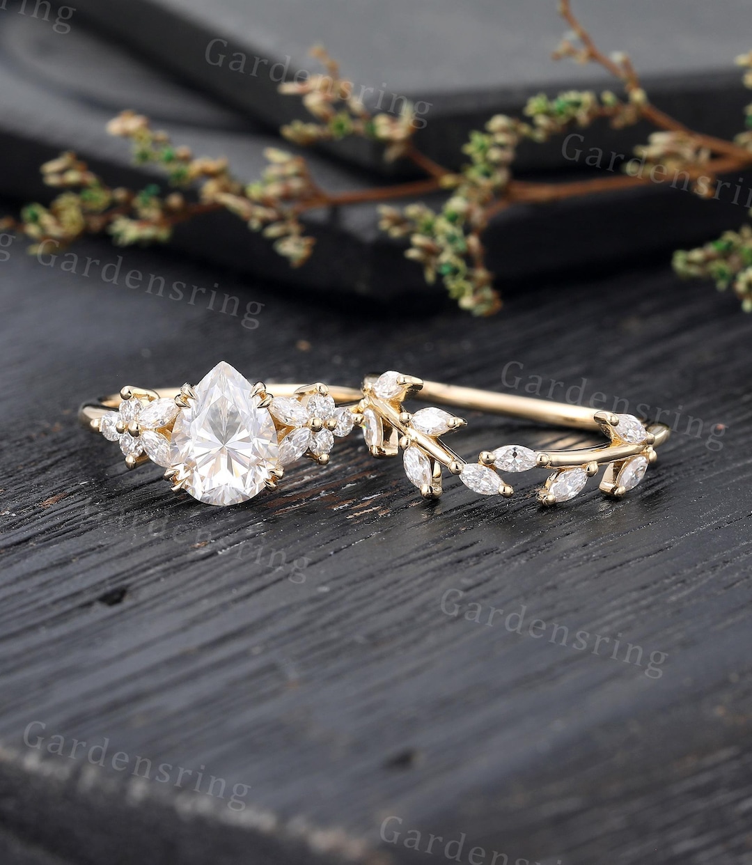 Vintage Moissanite Engagement Ring Set Solid 14k Gold Pear Shaped ...