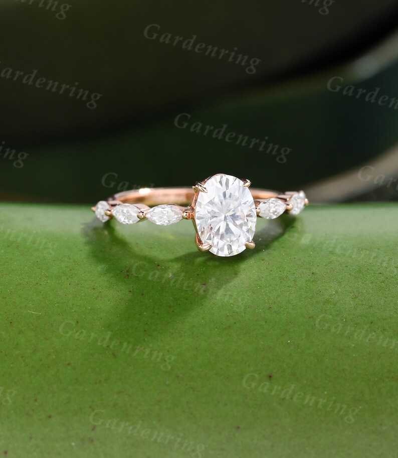 Oval Moissanite Engagement Ring Rose Gold Unique Marquise Cut Etsy
