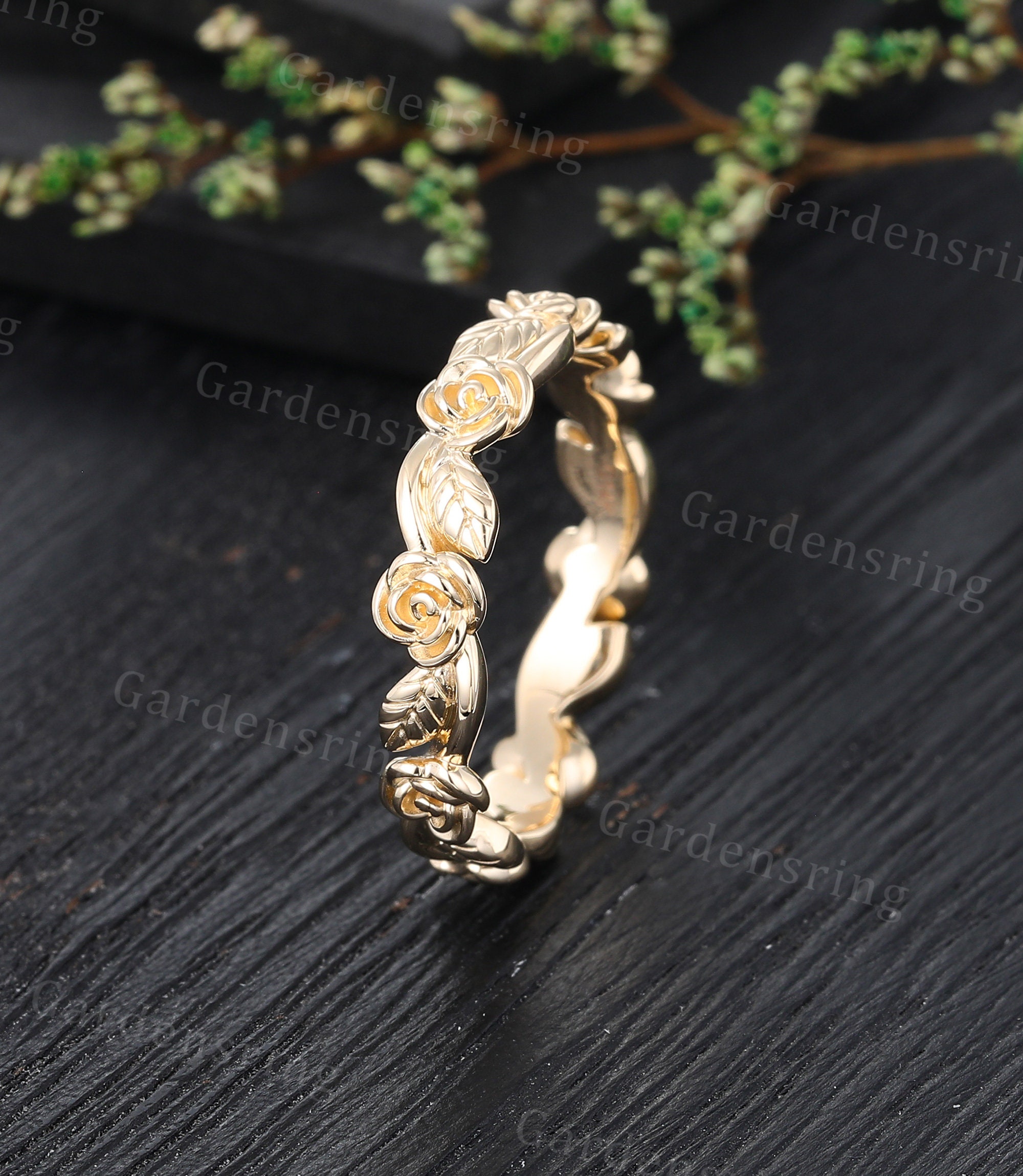 Vintage Solid 14K Yellow Gold Floral Wedding Band Unique Simple Plain ...