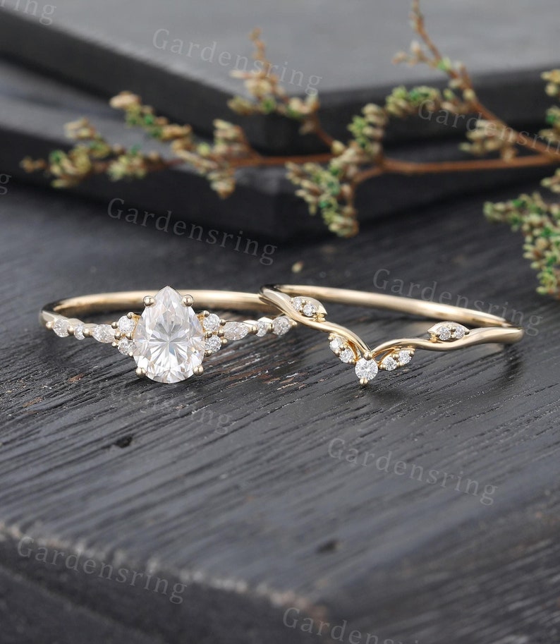 Pear Shaped Lab Diamond Engagement Ring Set Vintage 14k Gold Half ...