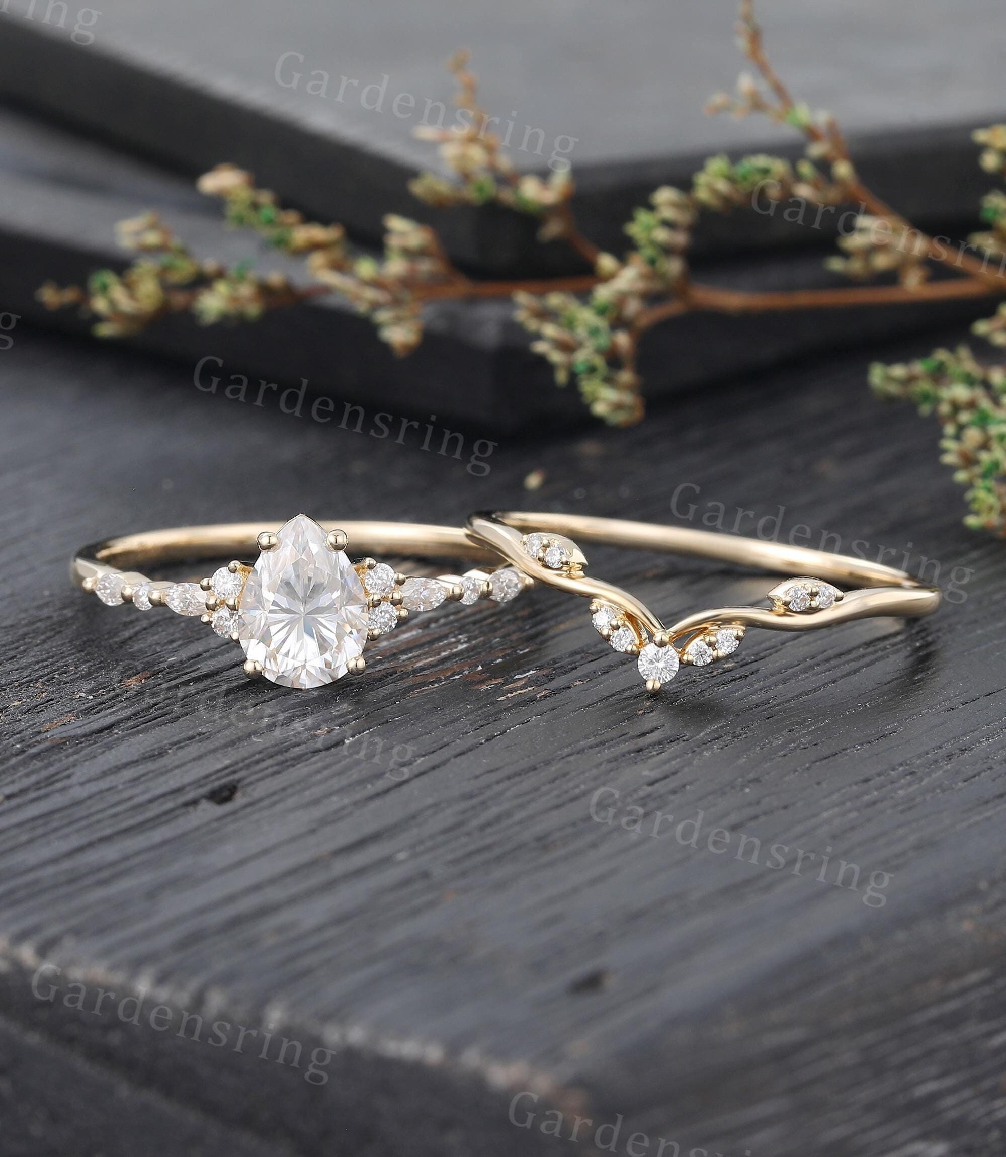Pear Shaped Lab Diamond Engagement Ring Set Vintage 14k Gold Half ...