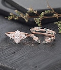Marquise cut Moissanite Engagement ring set Vintage moss agate wedding band Rose gold enhancer band Unique leaf Bridal set Anniversary gift