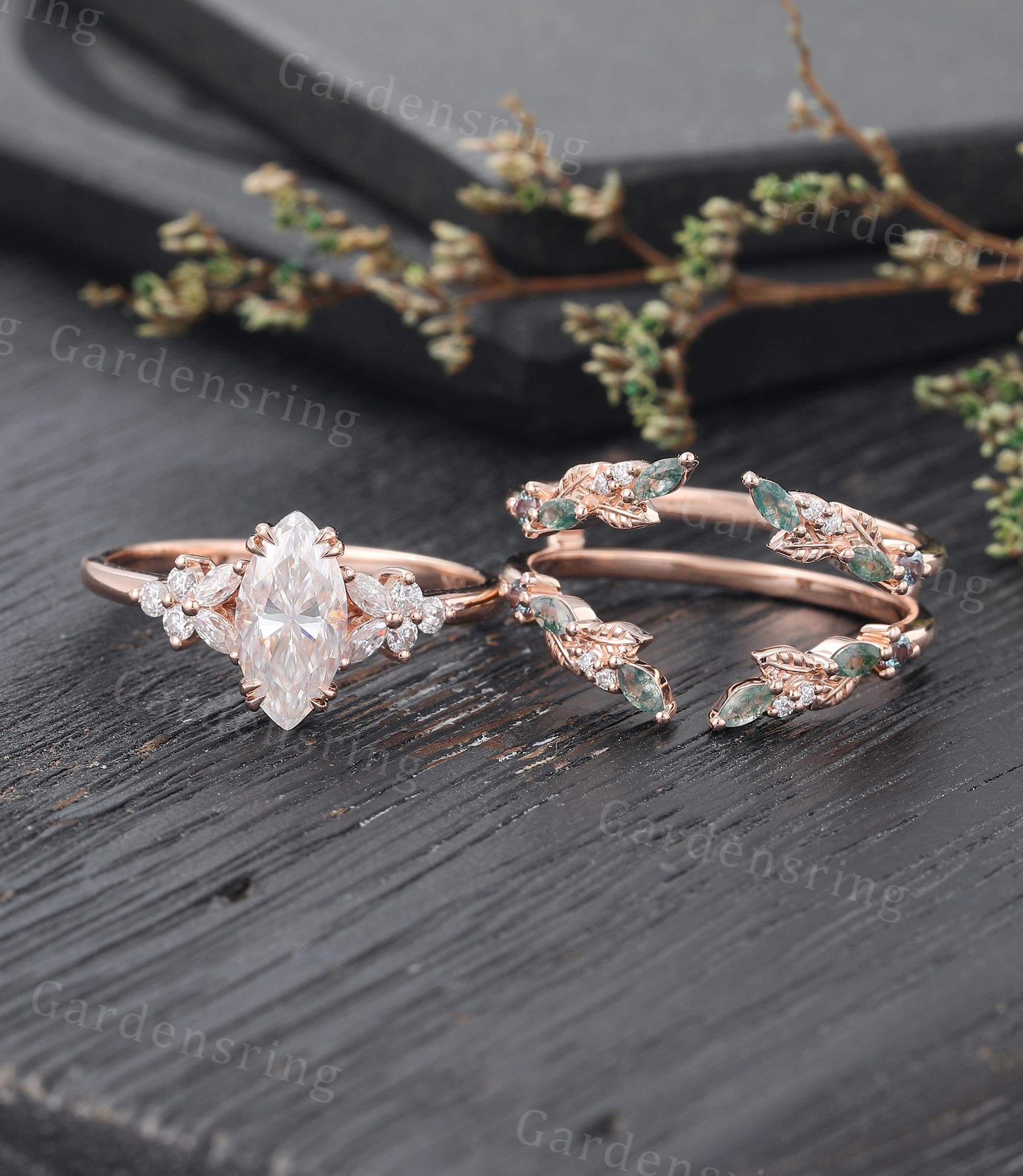 Marquise cut Moissanite Engagement ring set Vintage moss agate wedding band Rose gold enhancer band Unique leaf Bridal set Anniversary gift