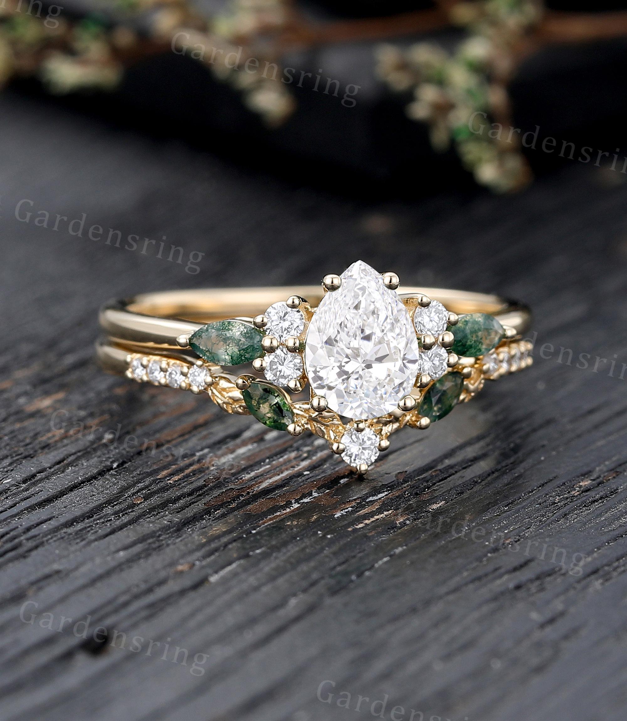 Pear Shaped Lab Grown Diamond Engagement Ring Set Vintage 14k Gold ...