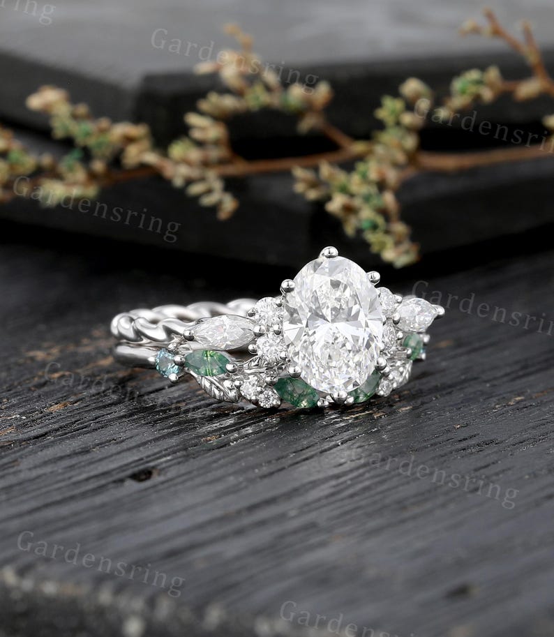 Oval Cut Moissanite Engagement Ring Set Vintage White Gold Marquise Cut ...