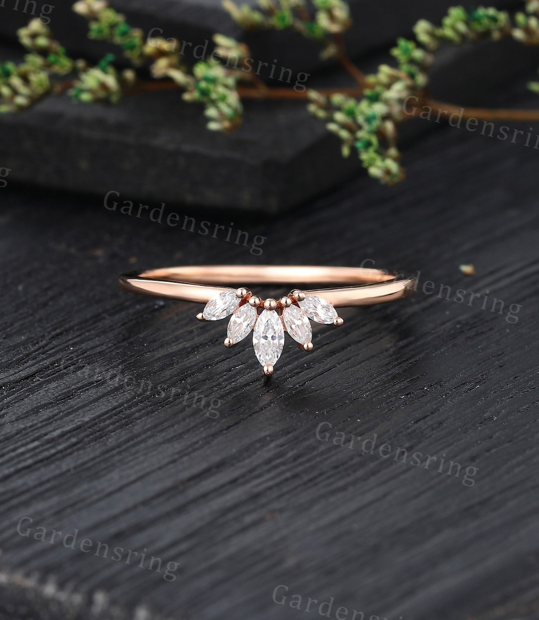 Curved Wedding Band Marquise Moissanite Vintage Rose Gold Diamond Band ...