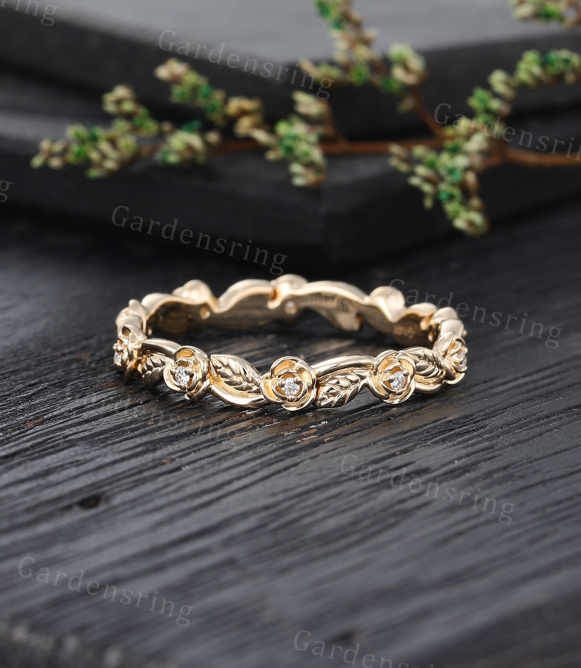 Vintage Solid 14K Yellow Gold Floral Wedding Band Full Eternity Diamond ...