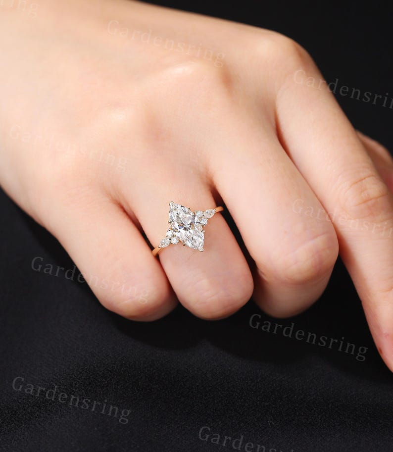 Marquise Cut Lab Grown Diamond Engagement Ring Vintage Solid Gold ...