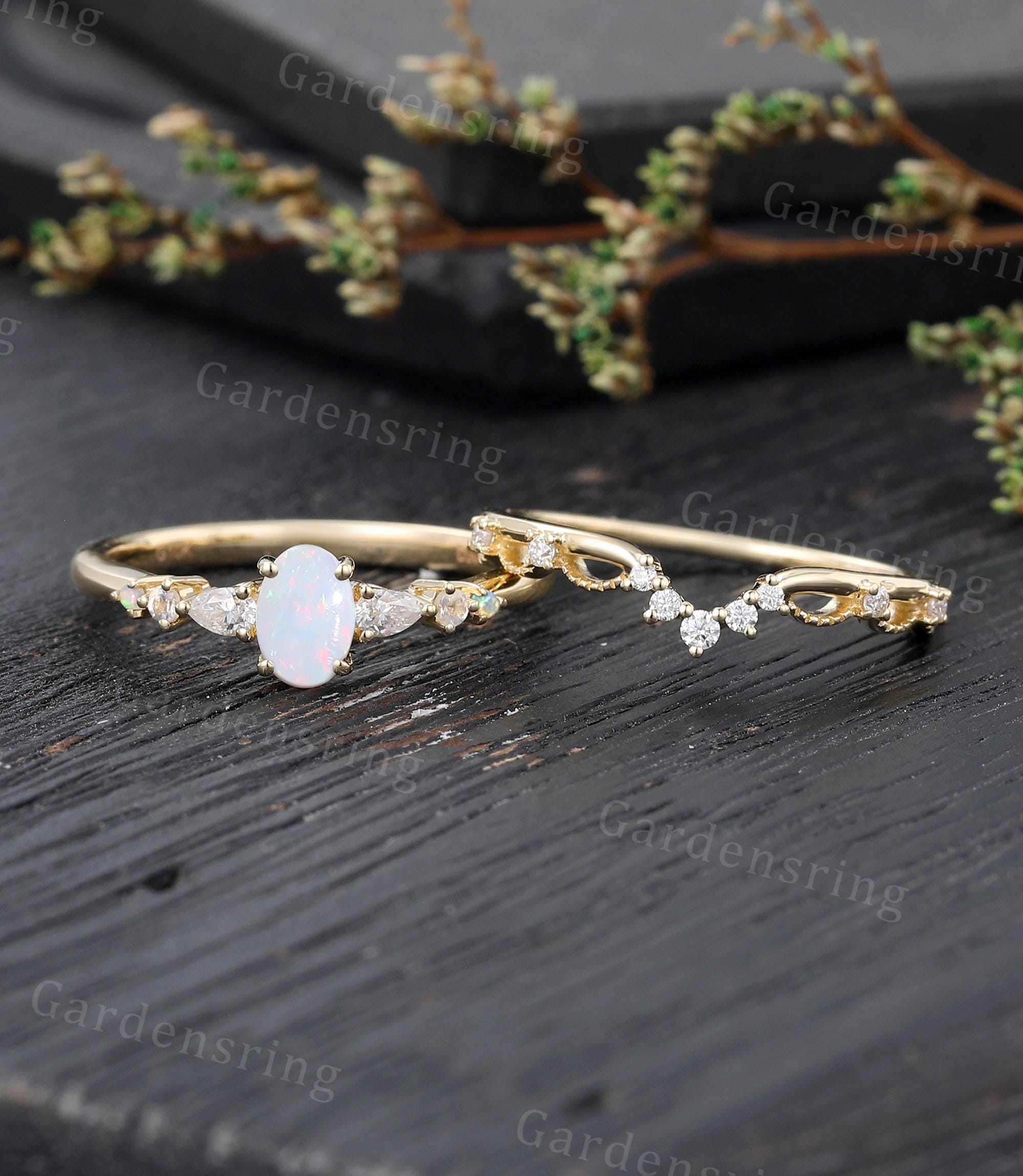 Vintage Oval Cut Opal Engagement Ring Set Unique 14k Gold Pear Shaped ...