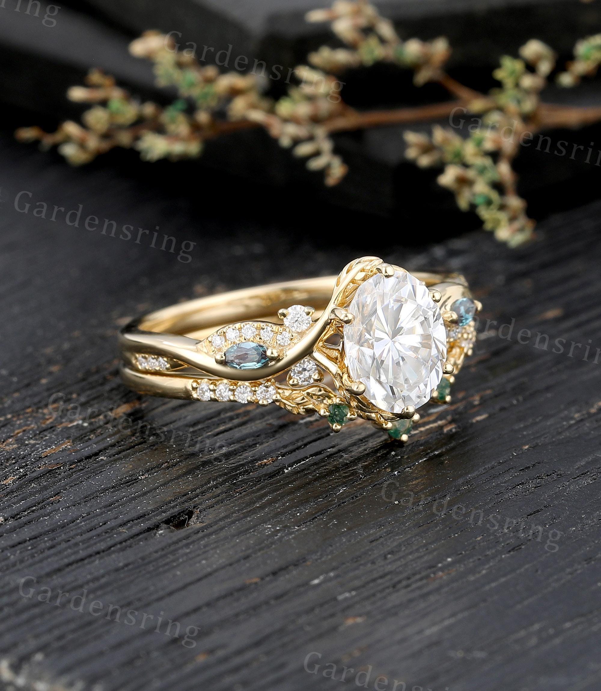 Oval Cut Moissanite Engagement Ring Set Vintage Solid Gold Moss Agate ...