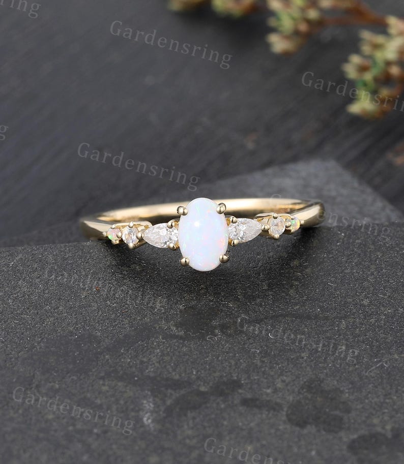 Vintage Opal Engagement Ring Unique Oval Cut Solid 14k Gold Pear Shaped ...