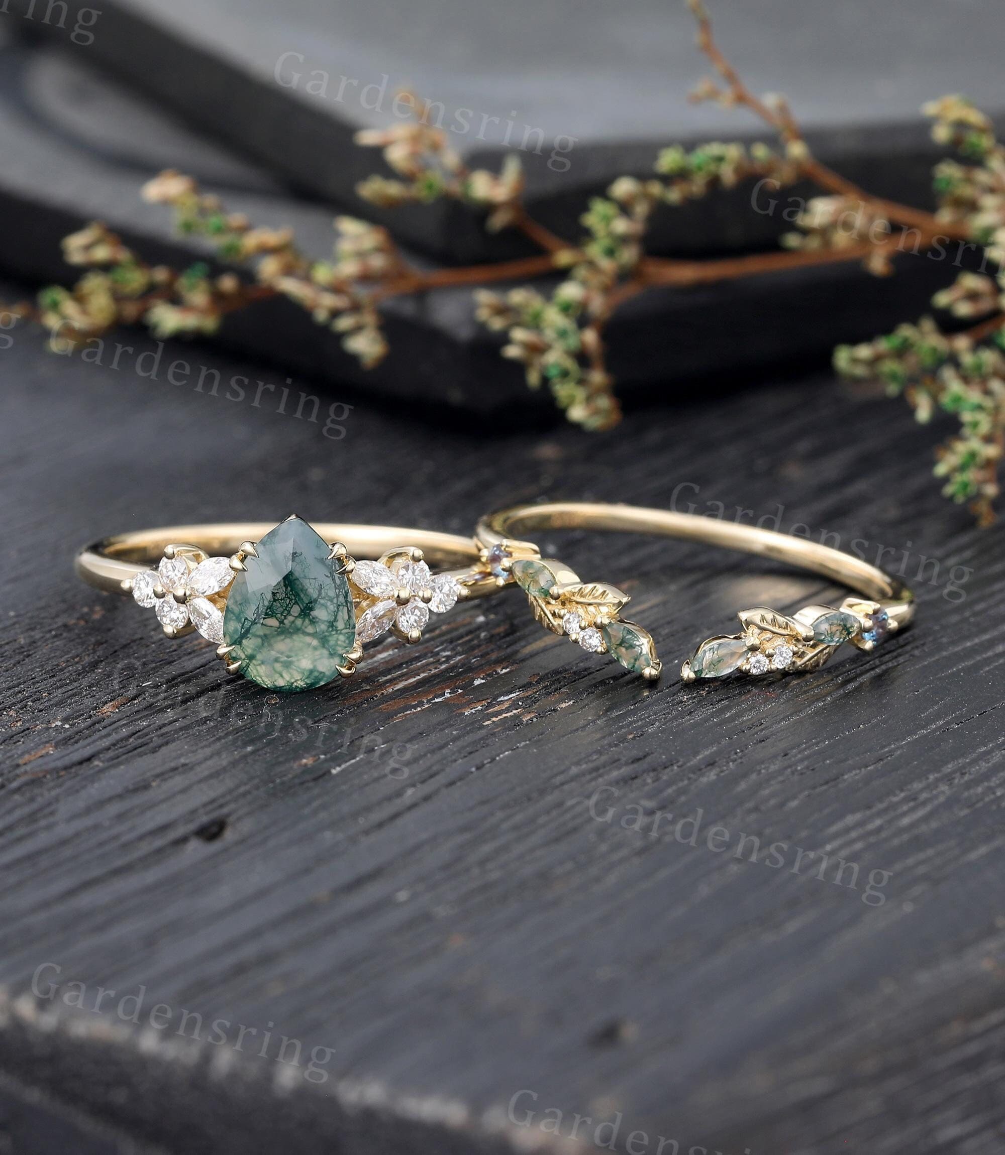 Pear shaped Moss Agate Engagement ring set Vintage marquise cut moissanite wedding band 14k gold Cluster Unique Bridal set Anniversary gift