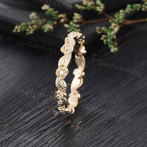 Vintage Solid 14K Yellow Gold Floral Wedding Band Full Eternity Diamond ...