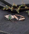 Marquise cut Green Sapphire Engagement ring set Vintage Moissanite wedding band Rose gold Cluster Unique diamond Bridal set Anniversary ring