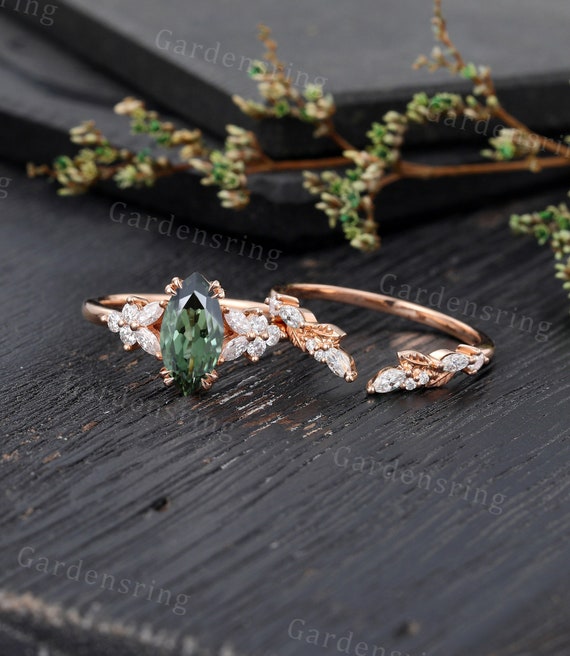 Marquise Cut Green Sapphire Engagement Ring Set Vintage