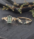 Emerald cut Green Sapphire engagement ring set 14k gold vintage moss agate wedding band marquise cut diamond bridal promise Anniversary ring