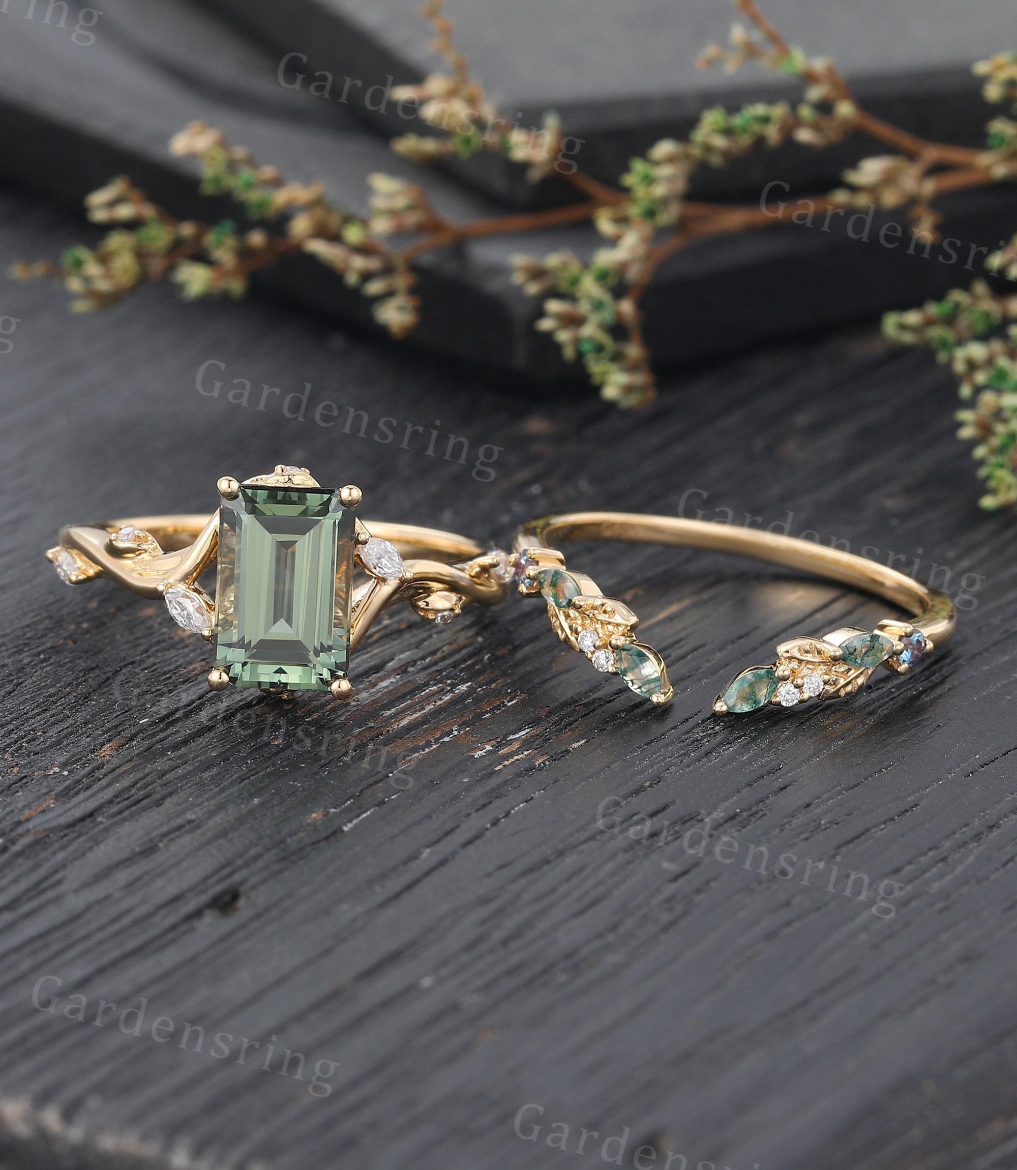 Emerald Cut Green Sapphire Engagement Ring Set 14k Gold Emerald Cut Green Sapphire Engagement Ring Set 14k Gold