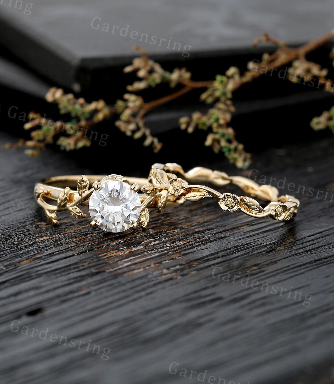 Vintage Moissanite Engagement Ring Set Solid 14k Gold Unique Floral ...