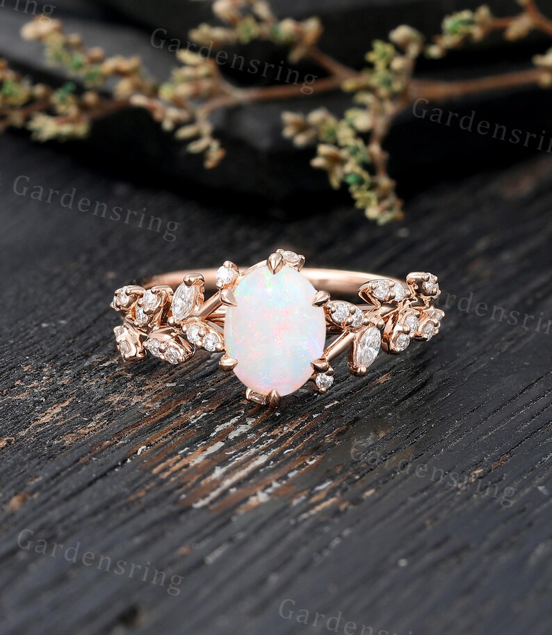 Oval Cut Opal Engagement Ring Vintage Solid Gold Marquise Cut Diamond ...