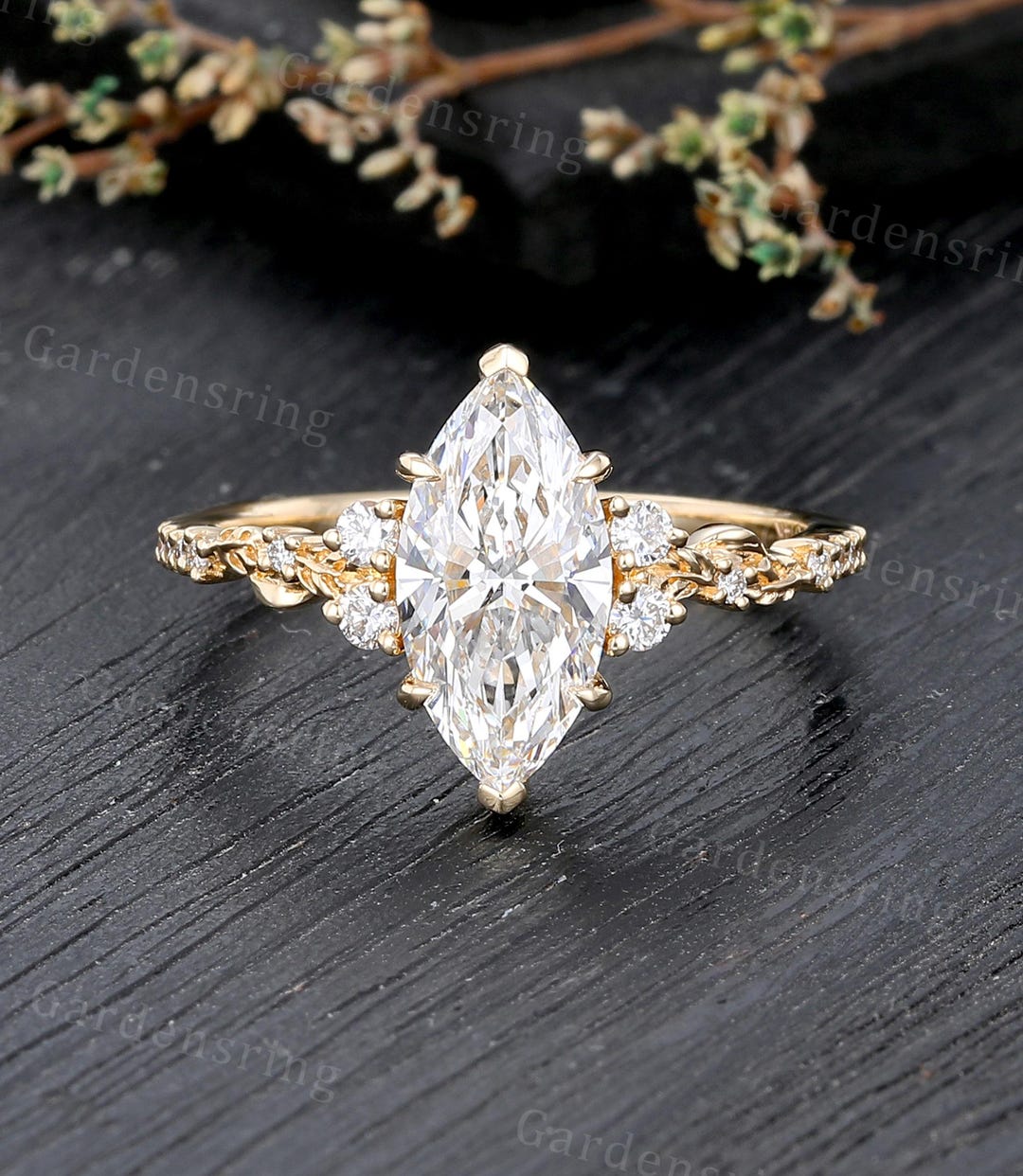 Marquise Cut Lab Grown Diamond Engagement Ring Vintage Yellow Gold ...