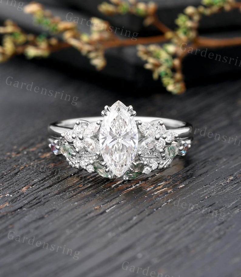 Marquise Cut Lab Diamond Engagement Ring Set Vintage Solid 14k Gold ...