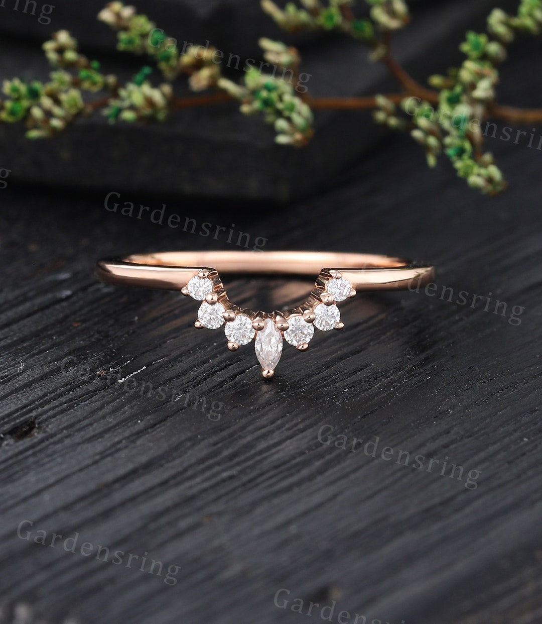 Marquise Moissanite Curved Wedding Band Vintage Rose Gold Diamond Band ...