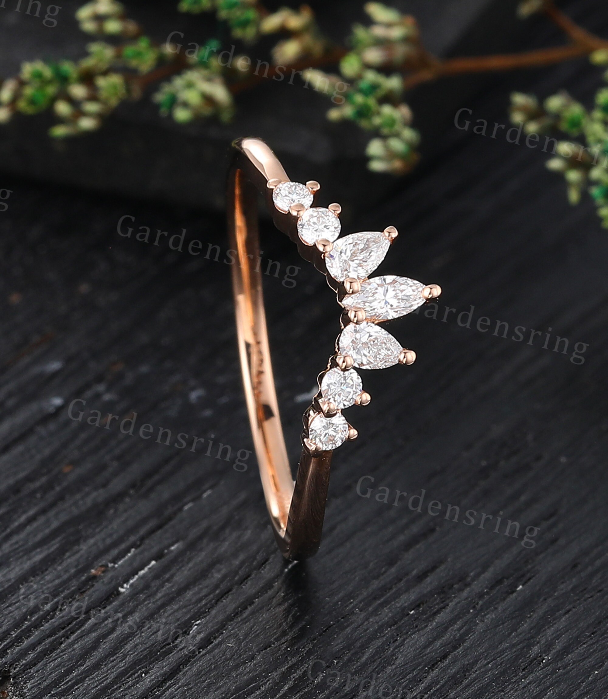 Marquise Cut Moissanite Curved Wedding Band Vintage Rose Gold Diamond ...