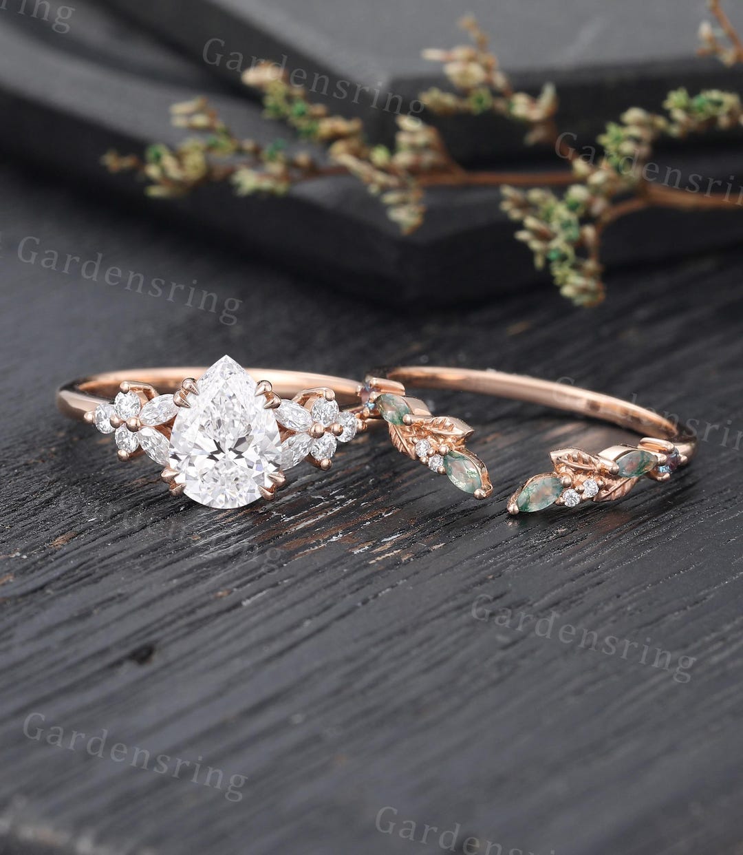 Pear Shaped Lab Grown Diamond Engagement Ring Set Vintage Rose Gold ...